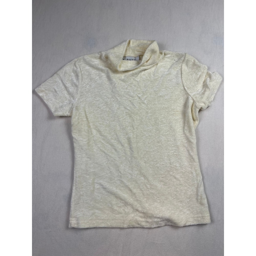 A. Byer California Vintage Cream Crushed Velvet Mock Neck Short Sleeve Top Small